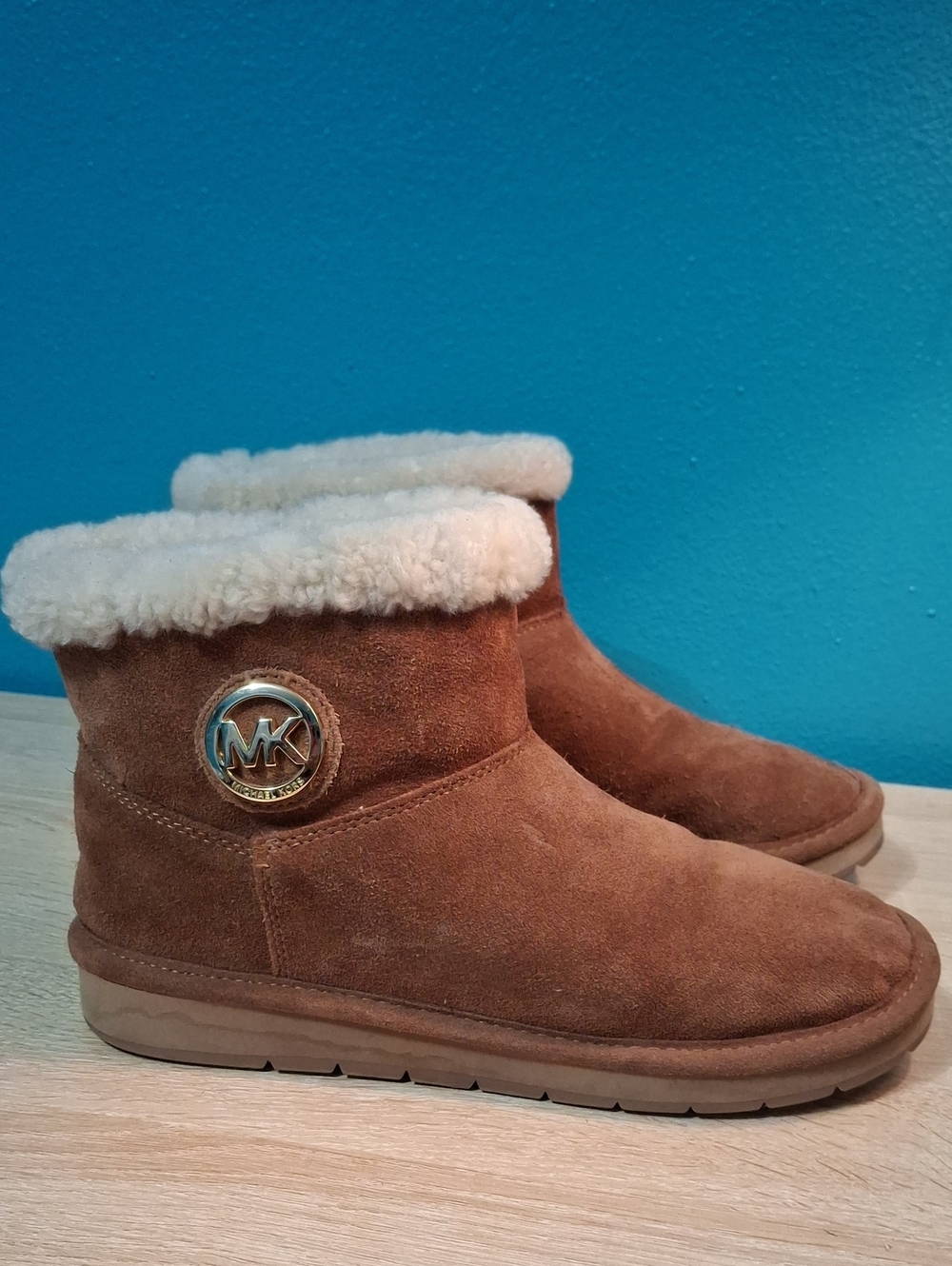 Michael Kors Chestnut Suede Shearling Cuff Ankle Booties